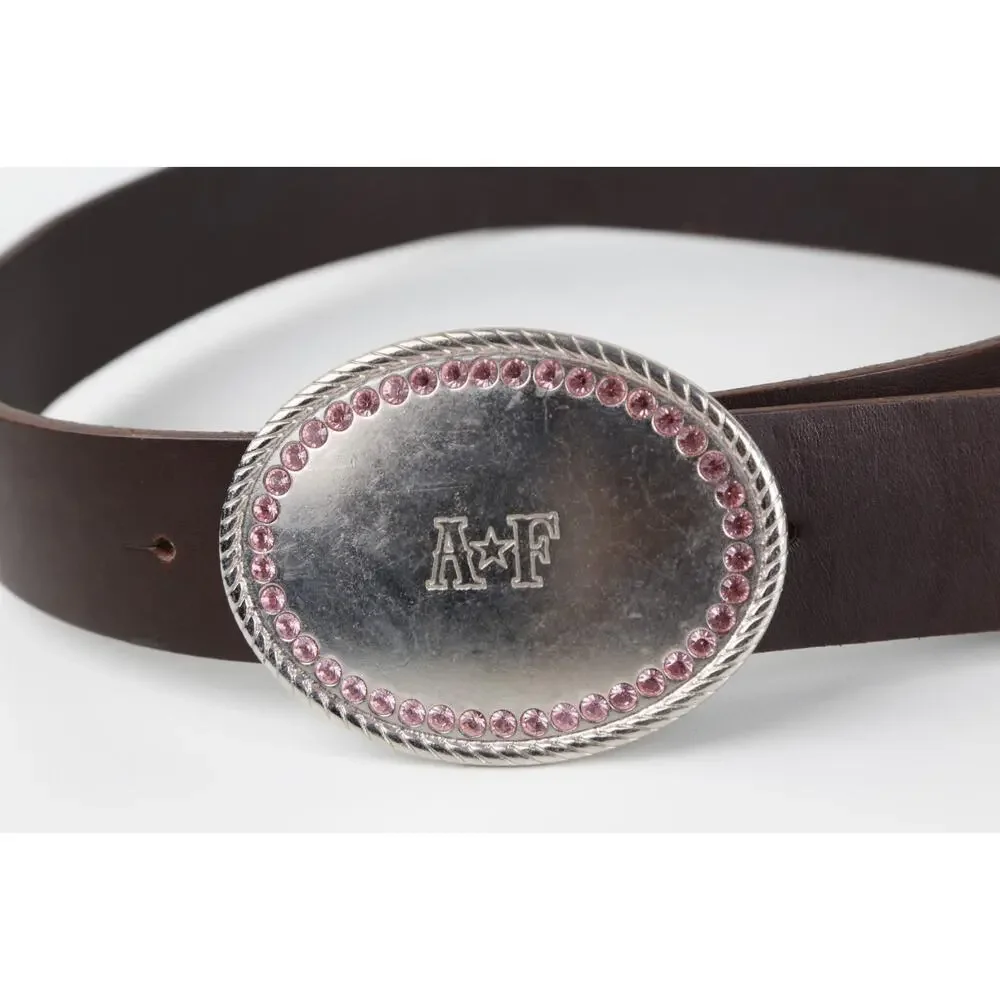 Abercrombie & Fitch Y2K Vintage Brown Leather Belt Pink Rhinestone Oval Buckle S